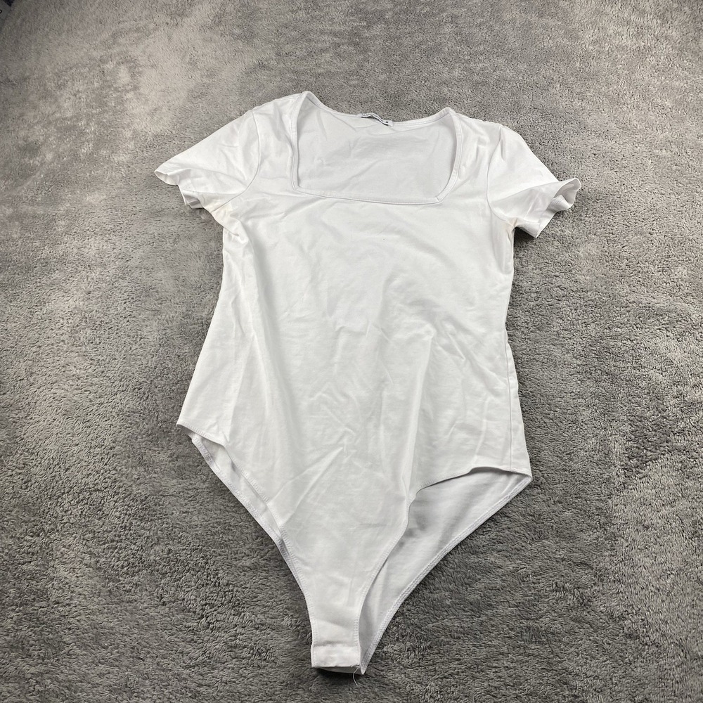 Mango Pop Bodysuit Short‎ Sleeve Square Neck Womens Medium White